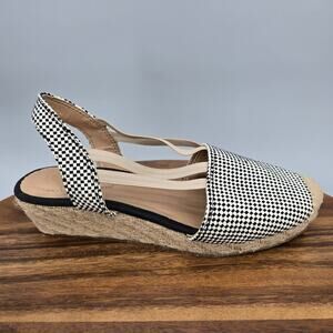 Fitzwell Shoes Womens 7.5 Black White Check Wedge Slingback Espadrille Sandals